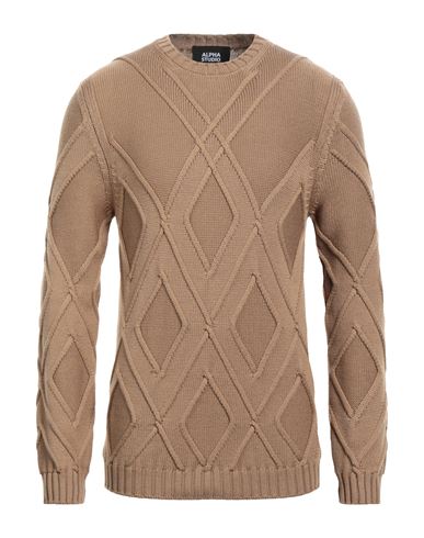 Alpha Studio Man Sweater Camel Size 42 Merino Wool In Beige