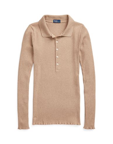 Polo Ralph Lauren Ribbed Long-sleeve Polo Shirt Woman Sweater Sand Size S Modal, Cotton, Elastane In Beige