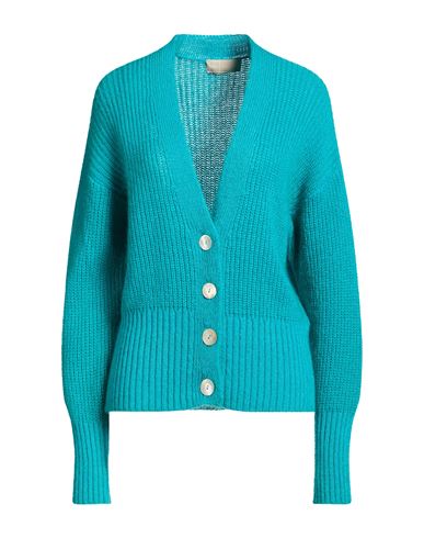 120% Lino Woman Cardigan Turquoise Size L Cashmere, Mohair Wool, Wool, Polyamide In Blue