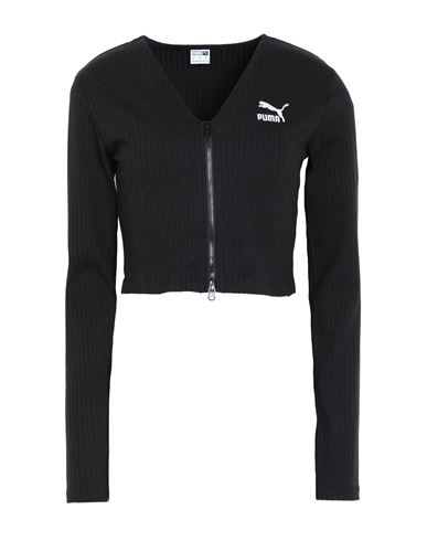 Puma Classics Ribbed Long Sleeve V-neck Shirt Woman Cardigan Black Size S Polyester, Cotton, Elastan