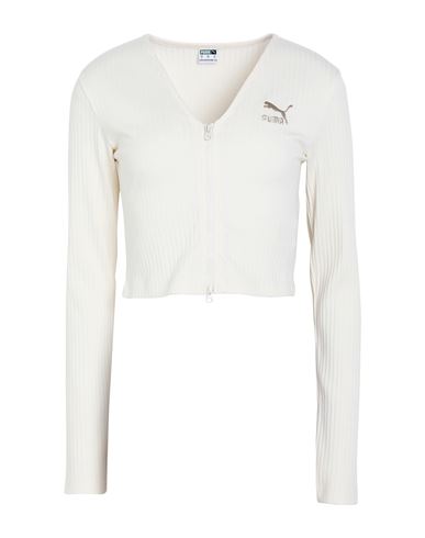 Puma Classics Ribbed Long Sleeve V-neck Shirt Woman Cardigan Ivory Size L Polyester, Cotton, Elastan In White