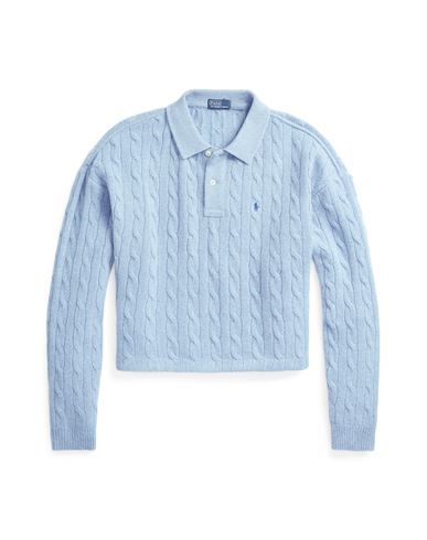 Polo Ralph Lauren Cable Wool-cashmere Polo Shirt Woman Sweater Light Blue Size L Cashmere