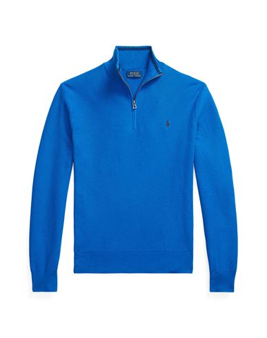 Shop Polo Ralph Lauren Mesh-knit Cotton Quarter-zip Sweater Man Turtleneck Bright Blue Size L Cotton
