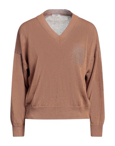 Peserico Woman Sweater Camel Size 6 Metallic Fiber, Linen, Cotton In Beige
