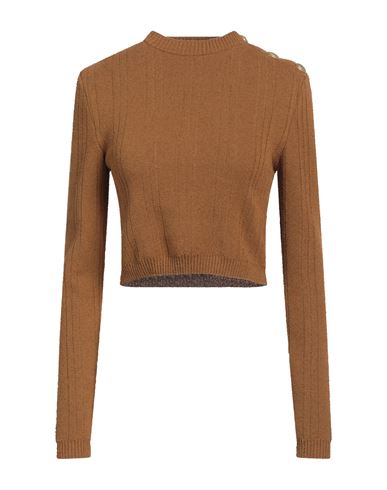 Shop Balmain Woman Sweater Camel Size 4 Cotton, Polyamide In Beige