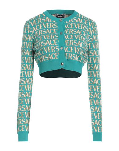 Shop Versace Woman Cardigan Turquoise Size 8 Cotton, Vinyon In Blue