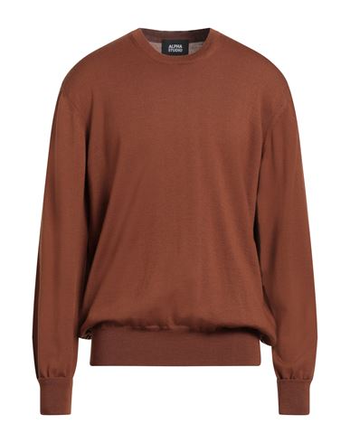 Alpha Studio Man Sweater Tan Size 42 Merino Wool In Brown