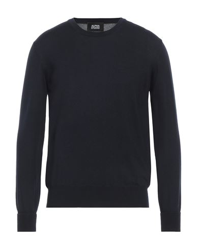 Shop Alpha Studio Man Sweater Midnight Blue Size 50 Merino Wool, Leather