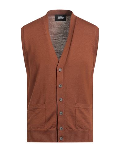 Alpha Studio Man Cardigan Brown Size 44 Merino Wool In Brown
