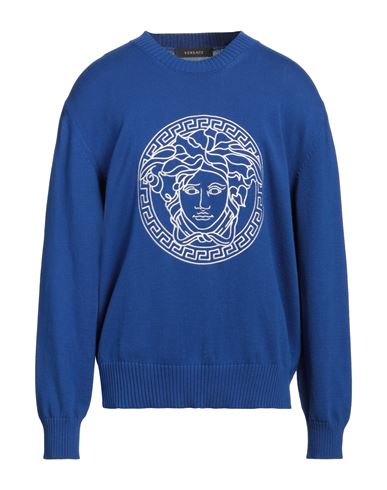 Versace Man Sweater Bright Blue Size 46 Cotton, Viscose, Polyester