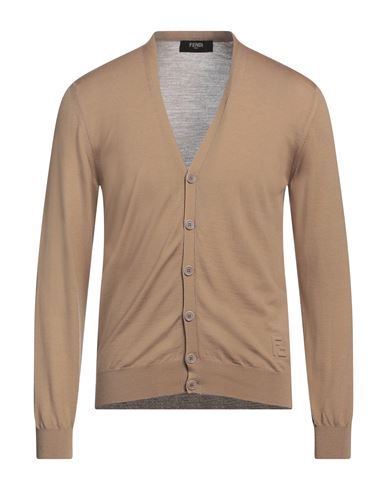 Fendi Man Cardigan Camel Size 42 Wool, Elastane