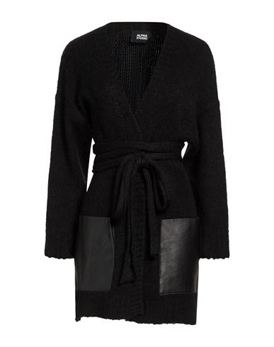 Alpha Studio Woman Cardigan Black Size 6 Alpaca Wool, Recycled Polyamide, Polyamide, Ovine Leather