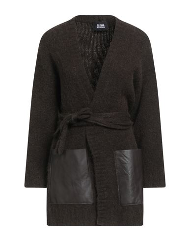 Alpha Studio Woman Cardigan Dark Brown Size 12 Alpaca Wool, Recycled Polyamide, Polyamide, Ovine Lea