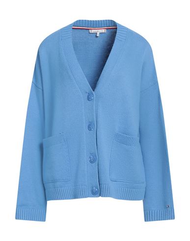 Tommy Hilfiger Woman Cardigan Azure Size M/l Cotton, Polyamide, Wool In Blue
