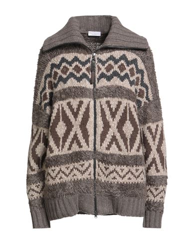 Brunello Cucinelli Cashmere Woman Cardigan Khaki Size L Cashmere, Leather, Mohair Wool, Lambswool, P In Brown