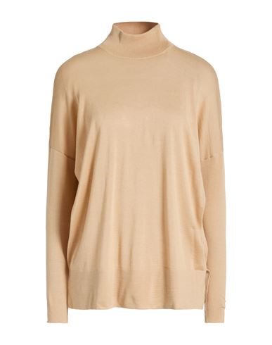 Agnona Woman Turtleneck Beige Size Xl Cashmere, Silk, Metal In Brown