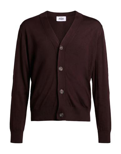 Alpha Studio Man Cardigan Dark Brown Size 42 Merino Wool, Ovine Leather