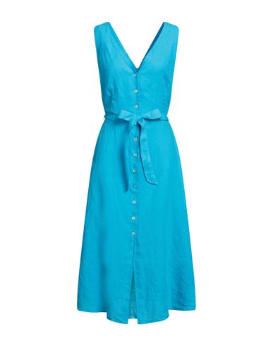 120% Woman Midi Dress Azure Size 8 Linen In Blue