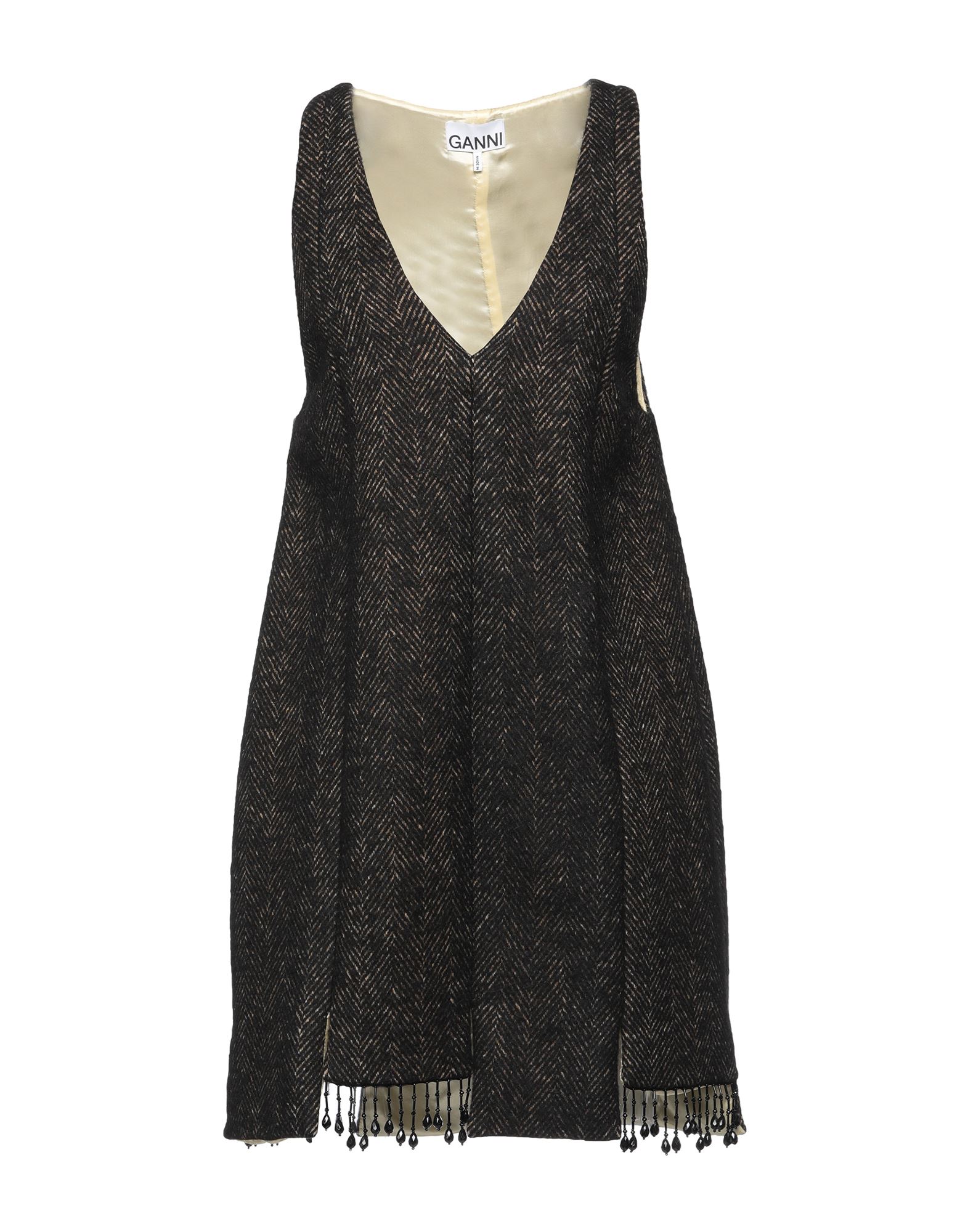 Ganni Fringed Bead-embellished Herringbone Tweed Mini Dress In Black