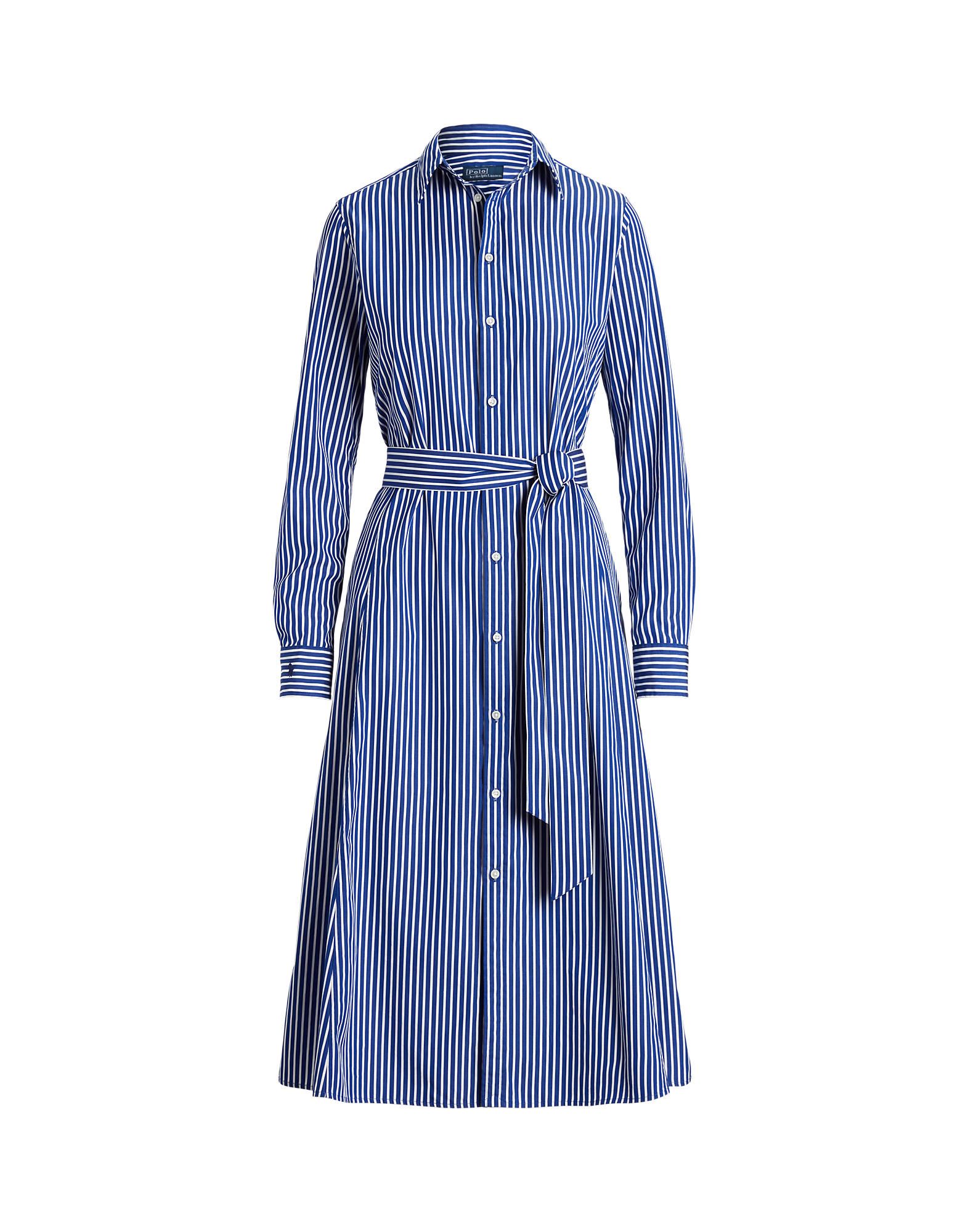 Shop Polo Ralph Lauren Belted Striped Cotton Shirtdress Woman Midi Dress Blue Size 8 Cotton