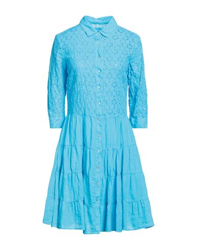 120% Woman Short Dress Turquoise Size 6 Linen In Blue