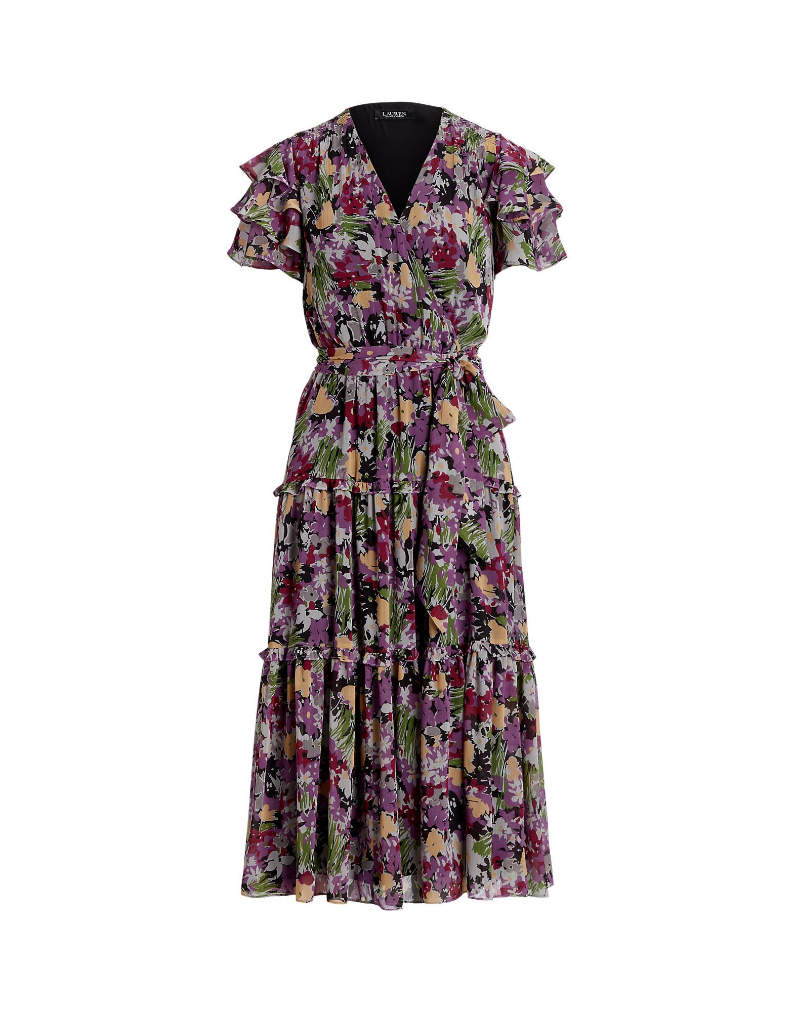 LAUREN RALPH LAUREN LAUREN RALPH LAUREN BELTED FLORAL CRINKLE GEORGETTE DRESS WOMAN MIDI DRESS BLACK SIZE 8 RECYCLED POL