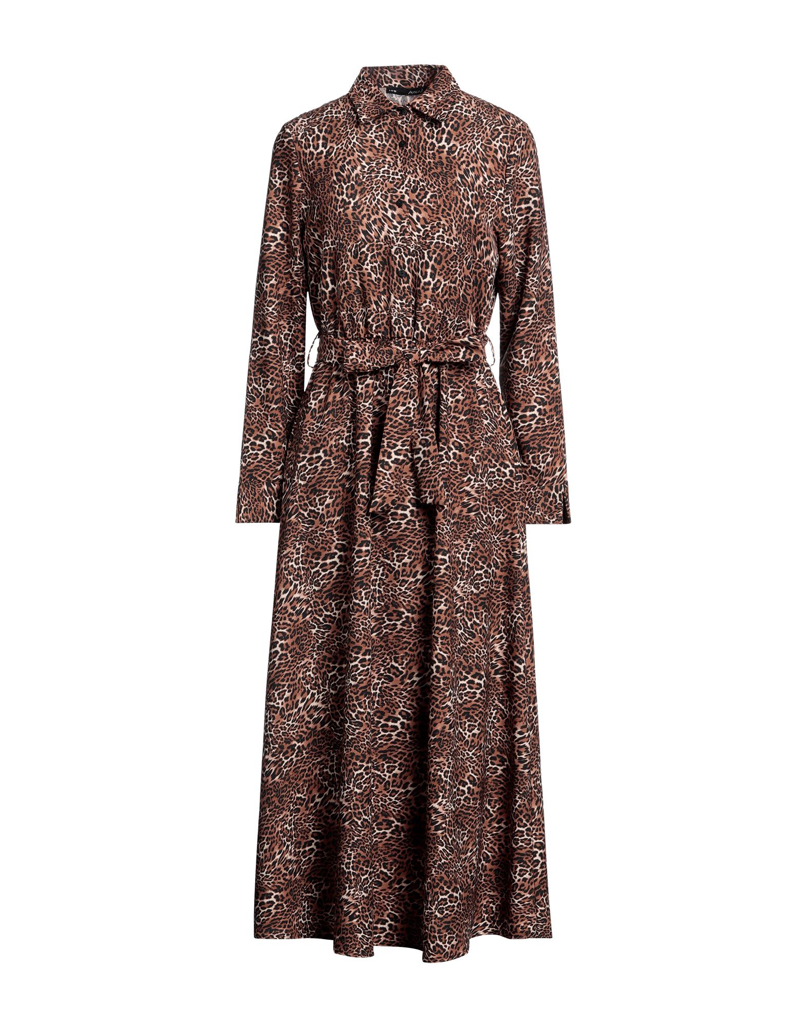 Amnè Woman Midi Dress Brown Size L Polyester