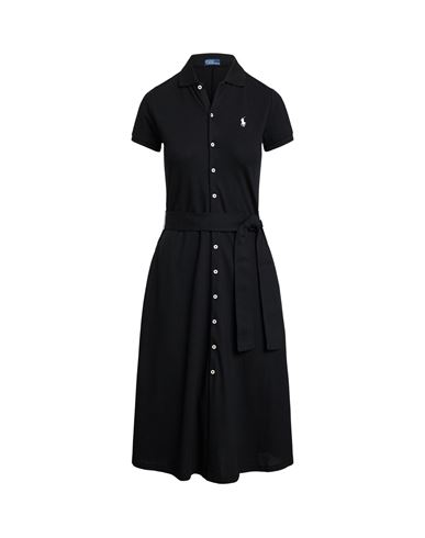 Polo Ralph Lauren Cotton Mesh Polo Dress Woman Midi Dress Black Size L Cotton, Elastane