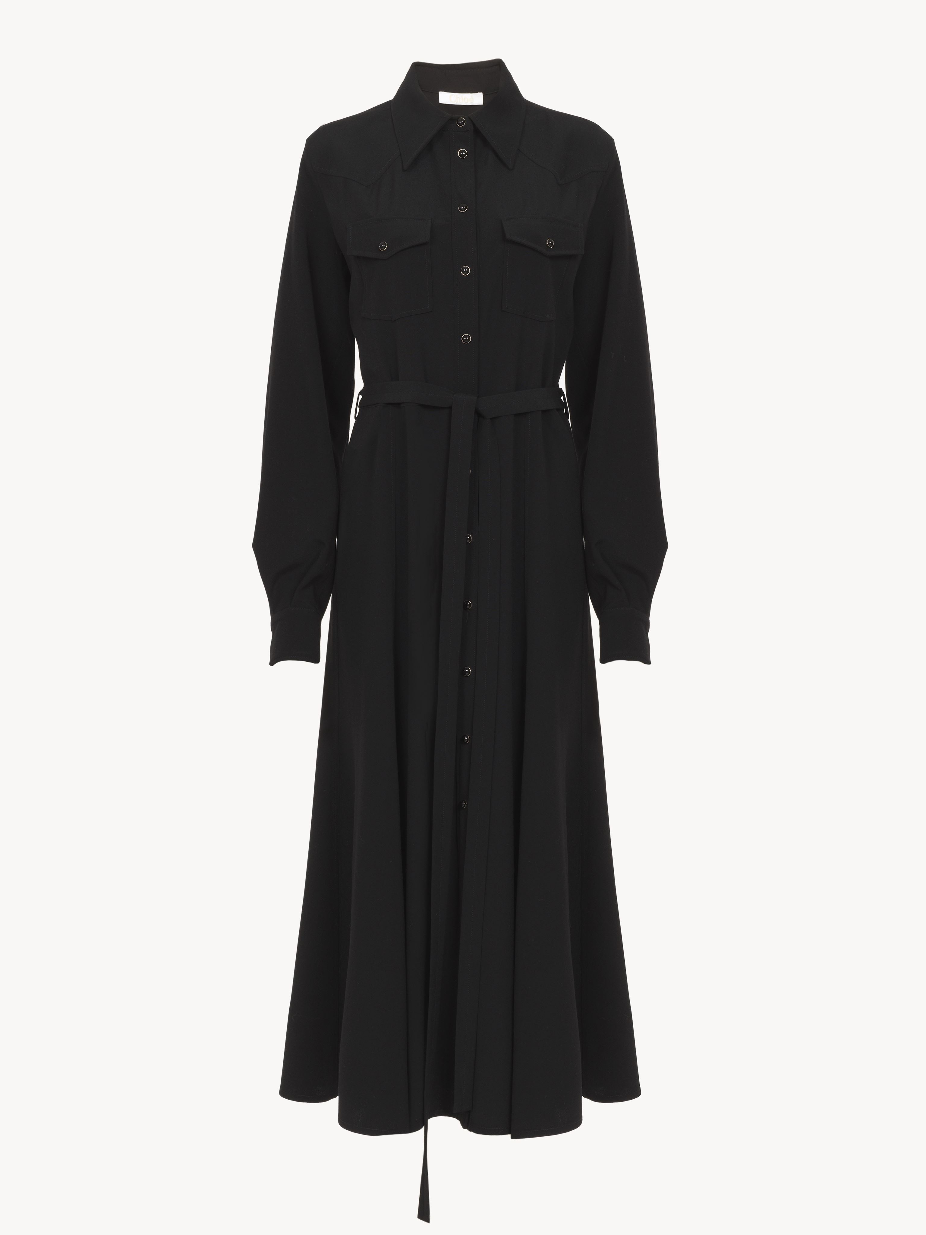 Chloé Midi Shirt Dress Black Size 8 100% Wool