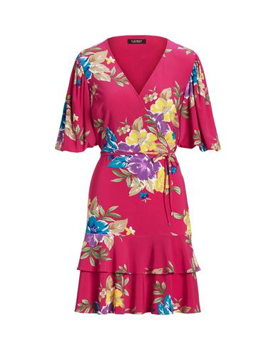 Lauren Ralph Lauren Floral Stretch Jersey Faux-wrap Dress Woman Short Dress Fuchsia Size 8 Polyester In Pink