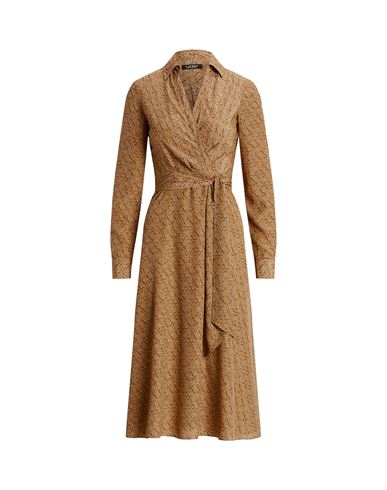 Lauren Ralph Lauren Print Surplice Crepe Midi Dress Woman Midi Dress Light Brown Size 10 Recycled Po In Beige