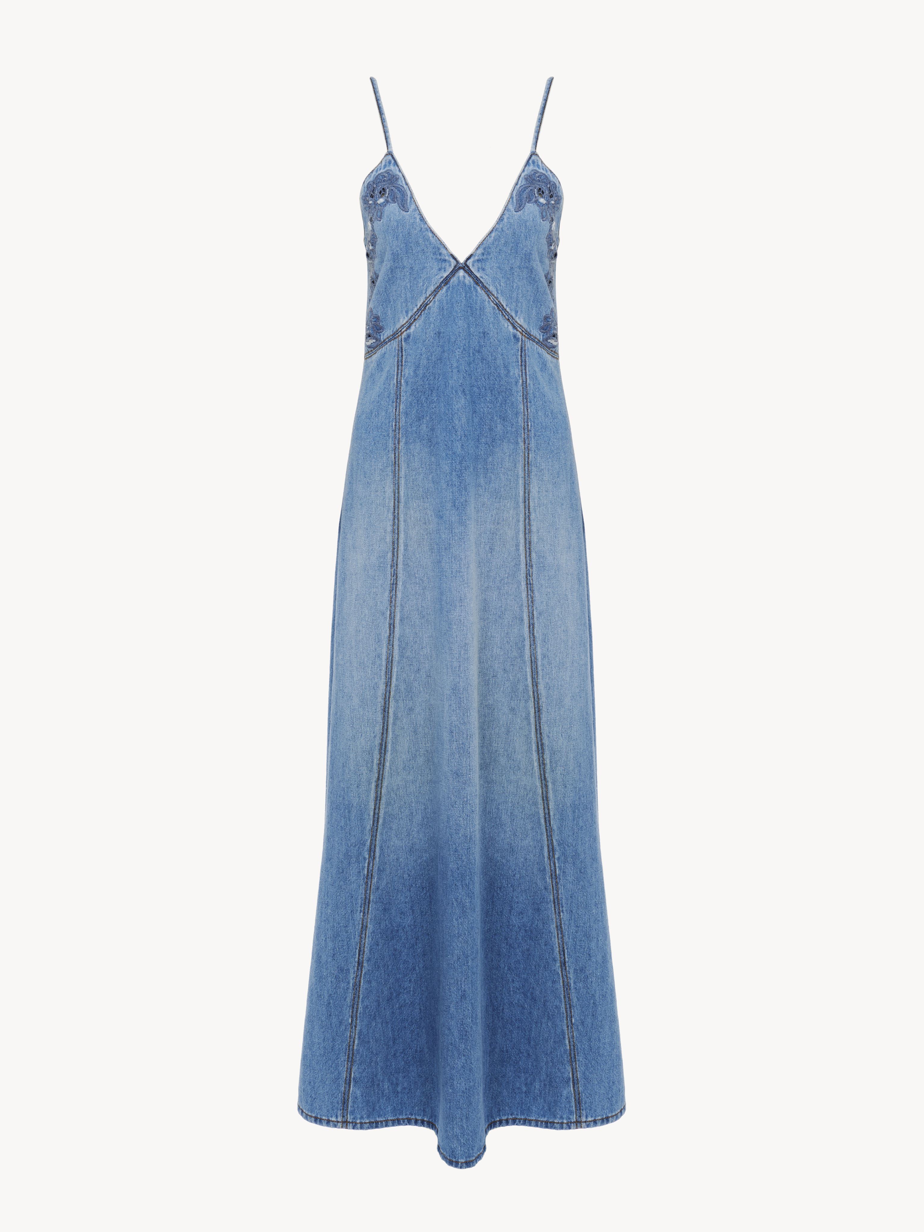 Shop Chloé Long Flare Denim Dress Blue Size 2 80% Cotton, 20% Linen In Bleu