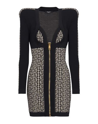 Balmain Black Monogram Minidress With Logo Print All-over In Wool Blend Woman In Black