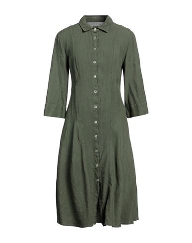 120% Lino Woman Midi Dress Military Green Size 12 Linen