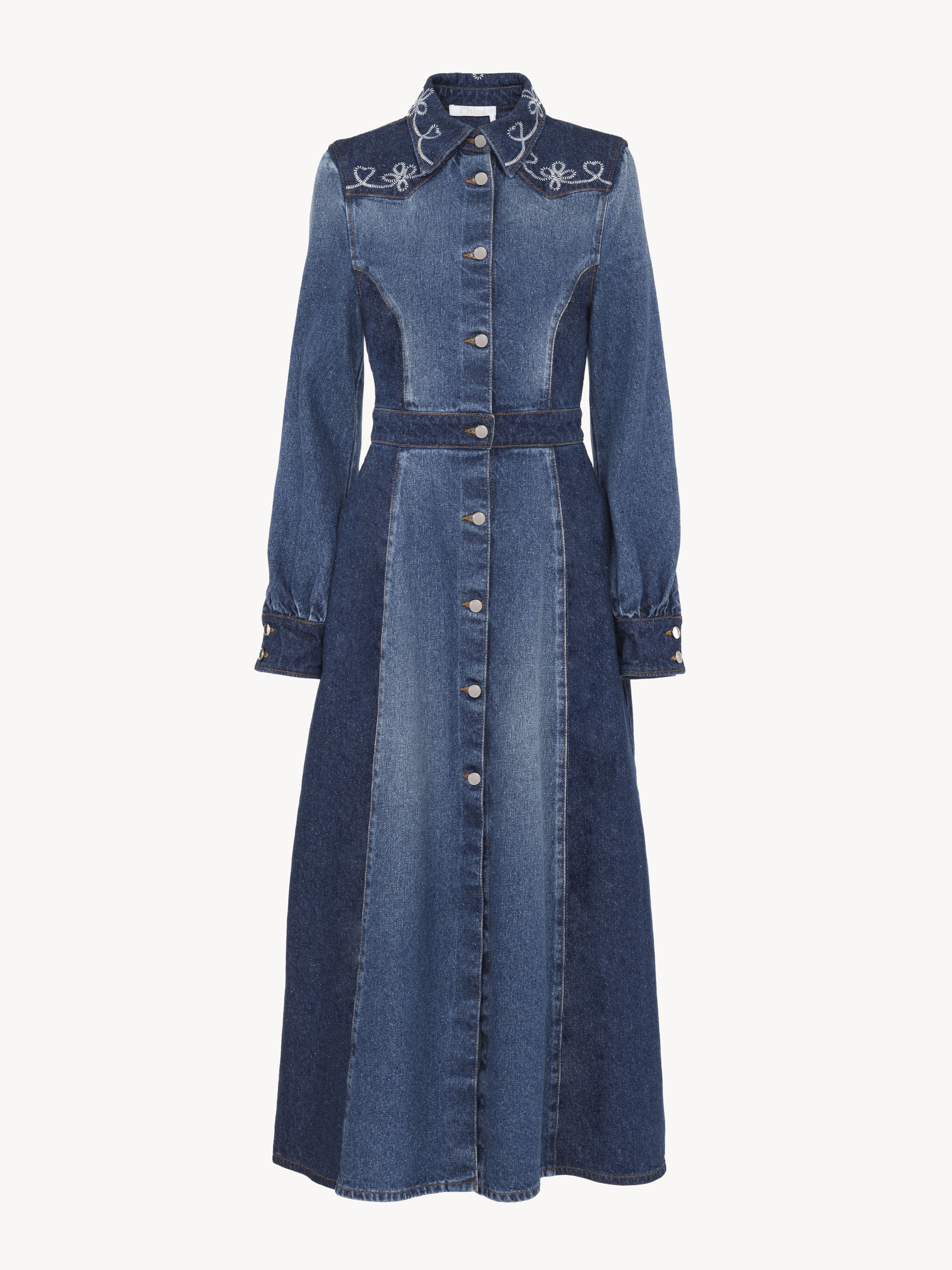 Chloé Embroidered Denim Shirt Dress Blue Size 6 100% Cotton
