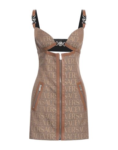 Shop Versace Woman Mini Dress Khaki Size 6 Polyester, Cotton, Lambskin In Beige