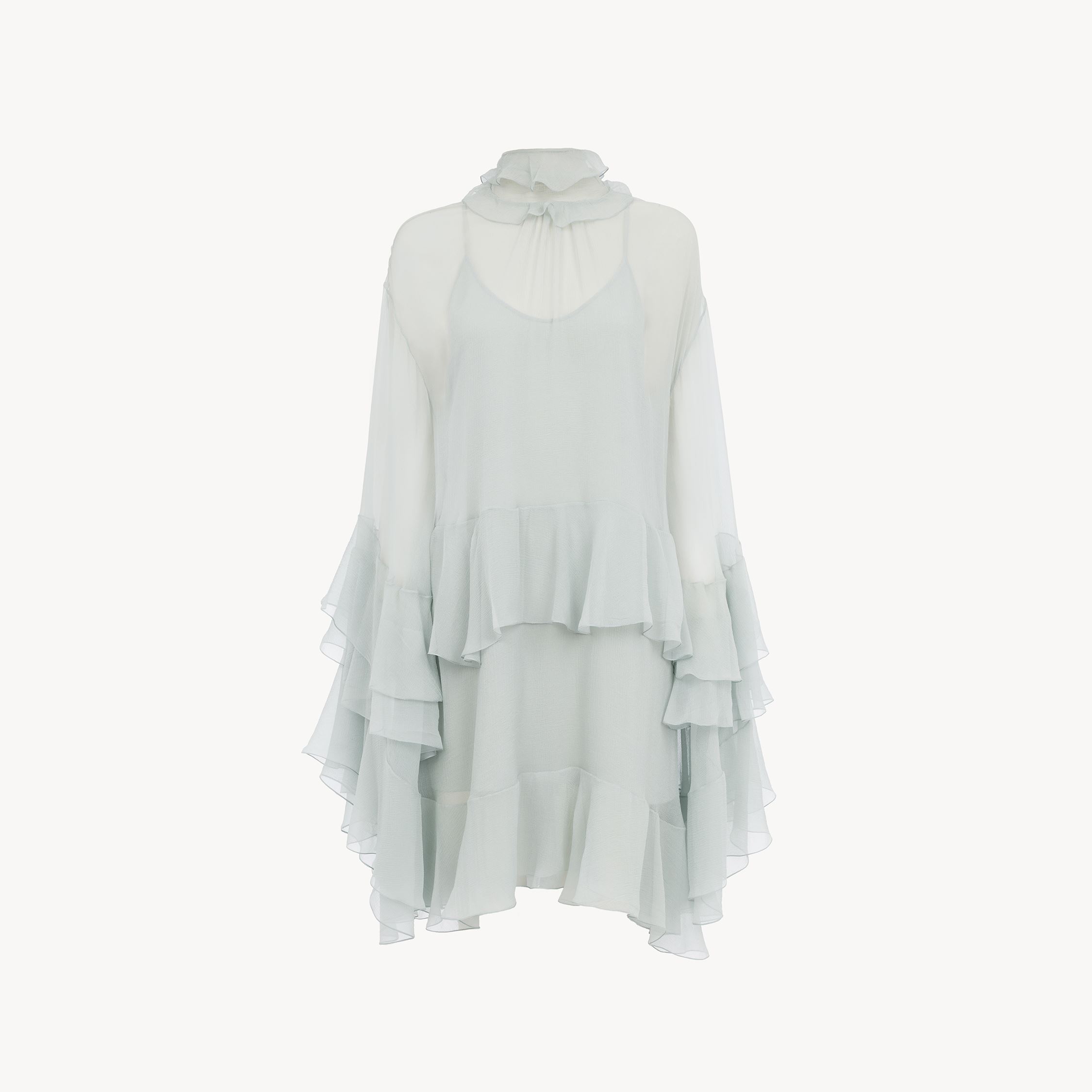 Chloé Mini Ruffled Dress In Silk Mousseline In Gray