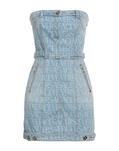 Shop Versace Woman Mini Dress Blue Size 2 Cotton, Calfskin