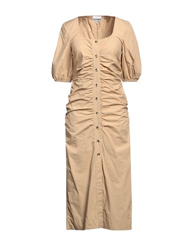 Ganni Short Sleeve Cotton Poplin Gathered Open-neck Maxi Dress In Beige