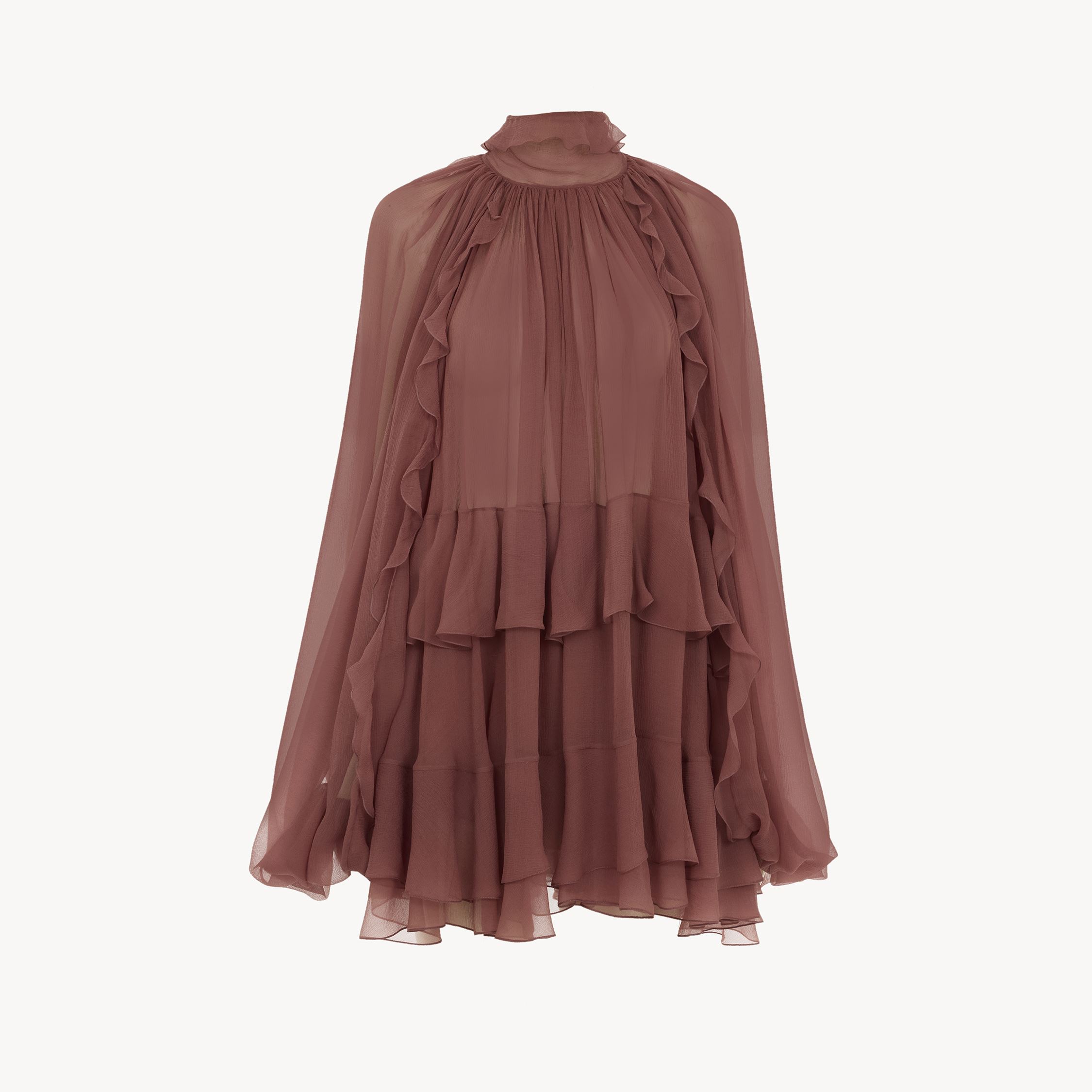 Chloé Robe Cape Courte Volantée En Mousseline De Soie Femme Rose Taille 38 100% Soie, Pinctada Maxima, Far In Pink