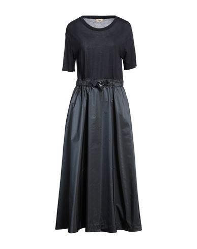 Herno Blue Crewneck Midi Dress With Elastic Drawstring Waist And Panelled Design In Navy