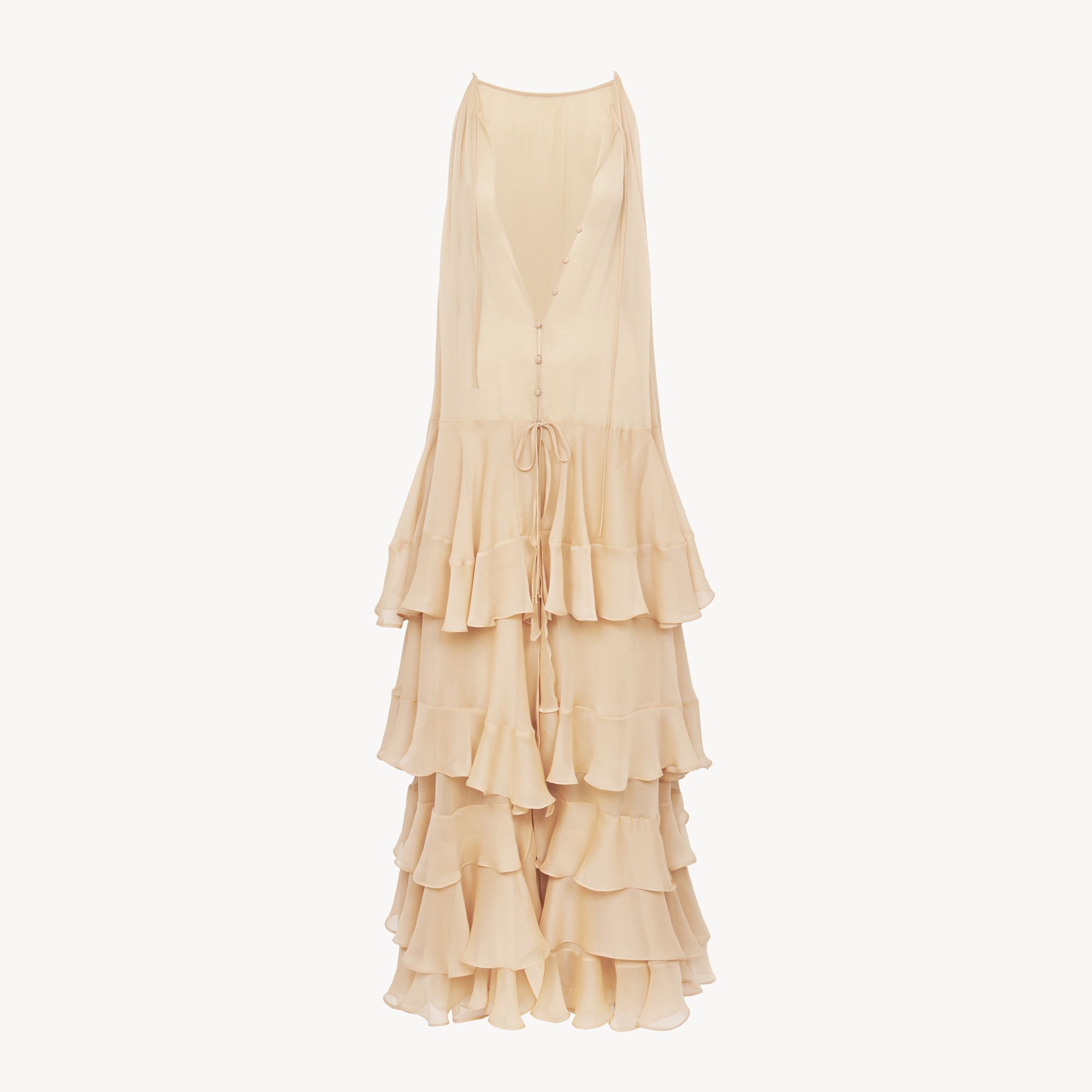 Chloé Robe Longue À Volants En Georgette De Soie Femme Beige Taille 40 100% Soie In Beige