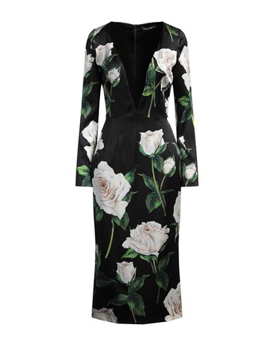 Dolce & Gabbana Satin Calf-length Dress With White Rose Print In Black
