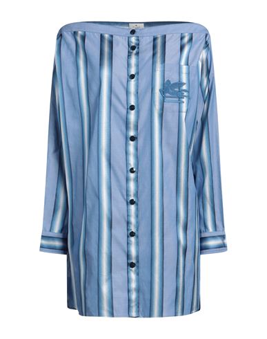 Etro Off-the-shoulder Embroidered Striped Cotton And Silk-blend Mini Shirt Dress In Blue