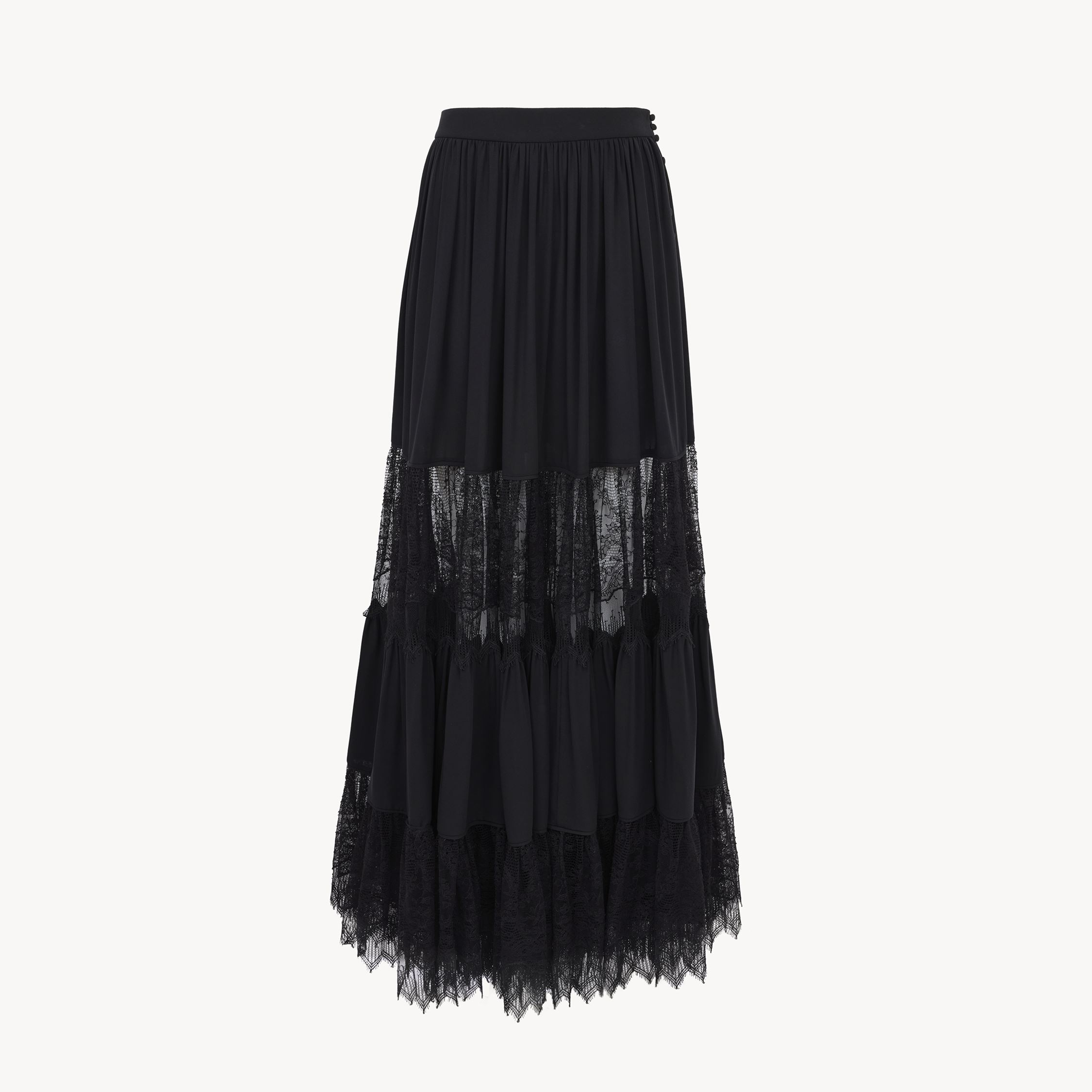 Chloé Jupe Longue Froncée En Georgette De Soie Et Dentelle Femme Noir Taille 34 100% Soie In Black