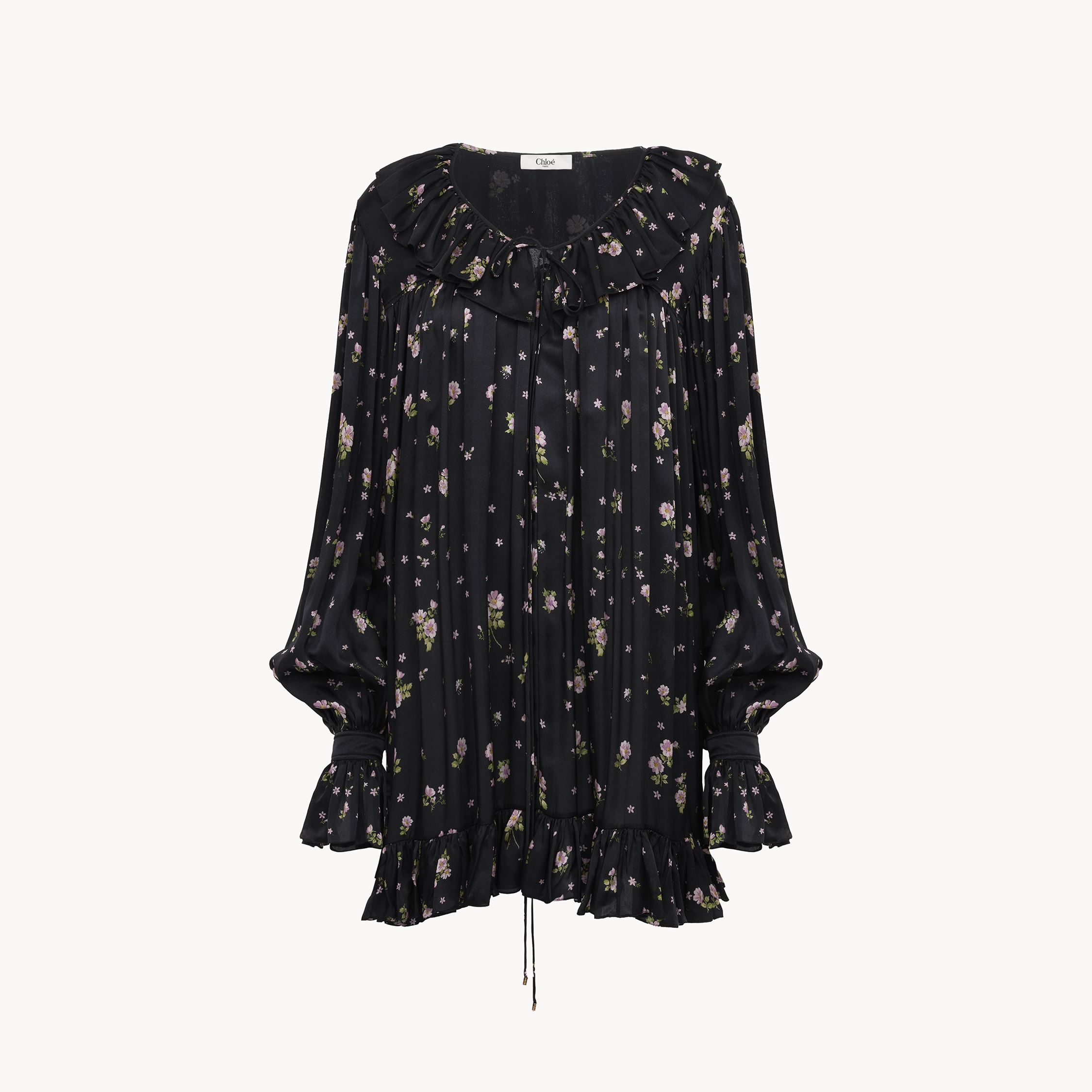 Chloé Liberty Print Long Sleve Silk Charmeuse Minidress In Black