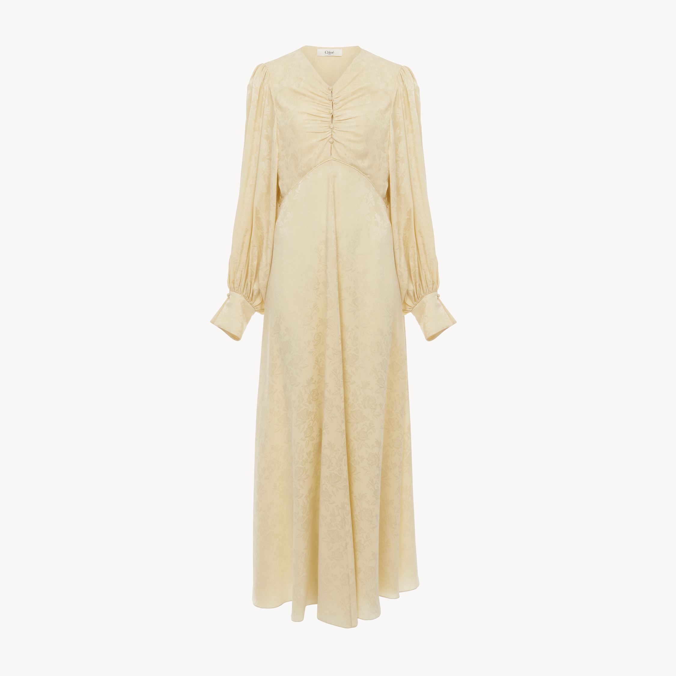 Chloé Robe Longue Froncée En Soie Jacquard Femme Laiton Doré Taille 38 100% Soie