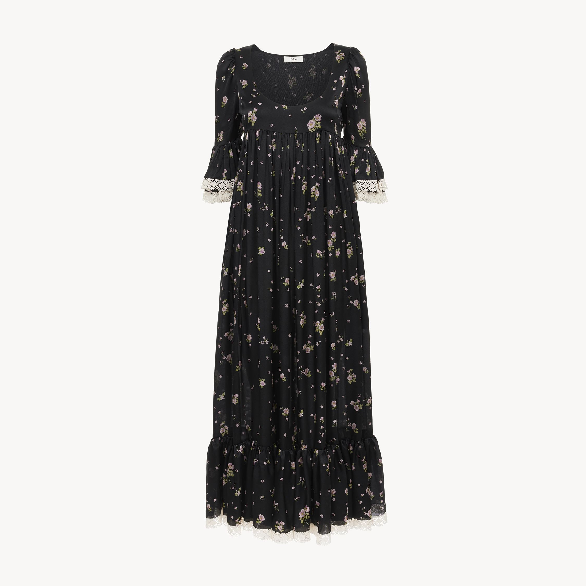 Chloé Lace-trimmed Gathered Floral-print Silk-charmeuse Midi Dress In Black