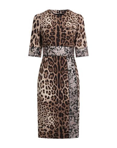 Dolce & Gabbana Woman Midi Dress Beige Size 8 Wool, Polyester, Acetate, Metallic Polyester, Acrylic In Animal Print