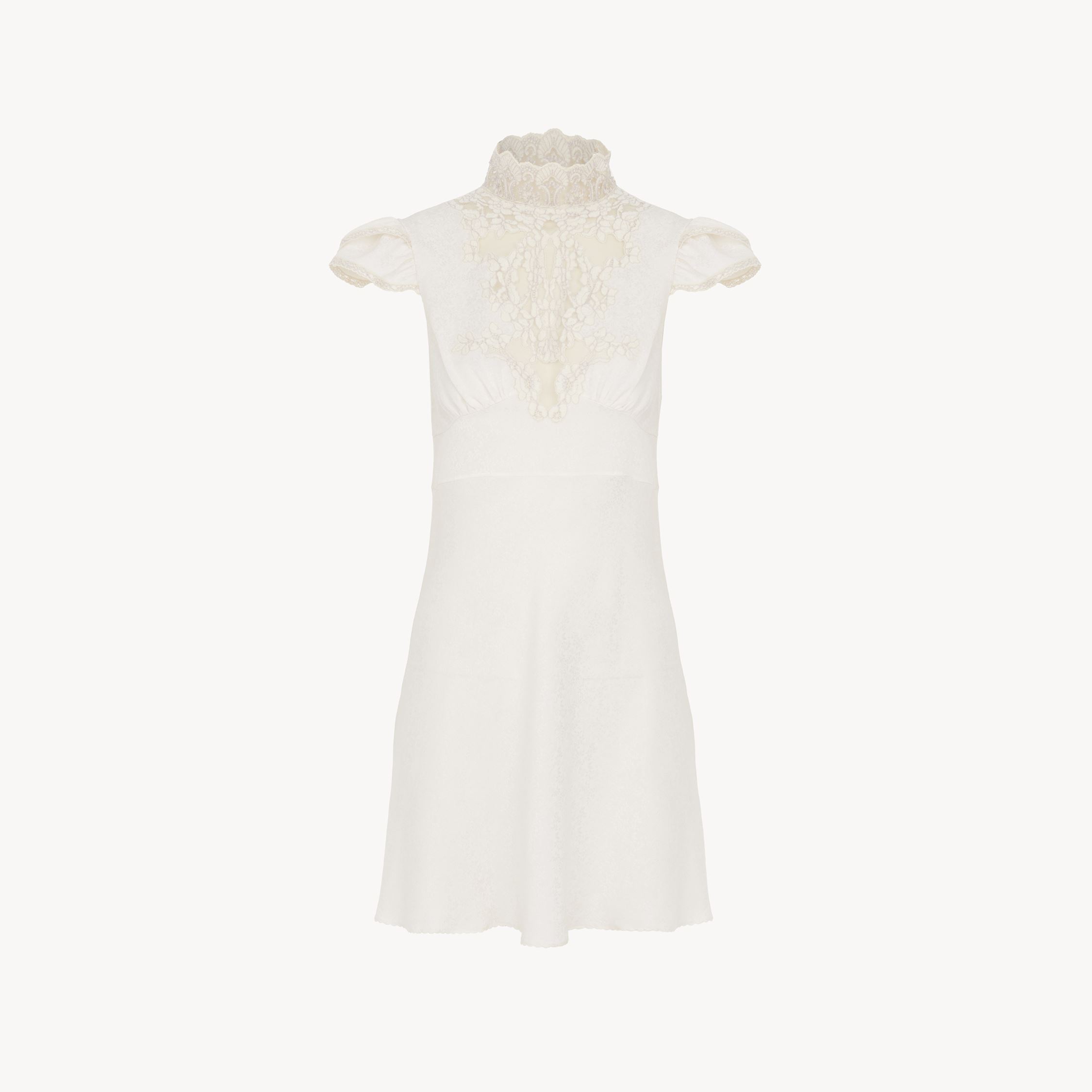 Chloé High-neck Mini Dress In Jacquard Silk & Lace White Size 8 100% Cotton